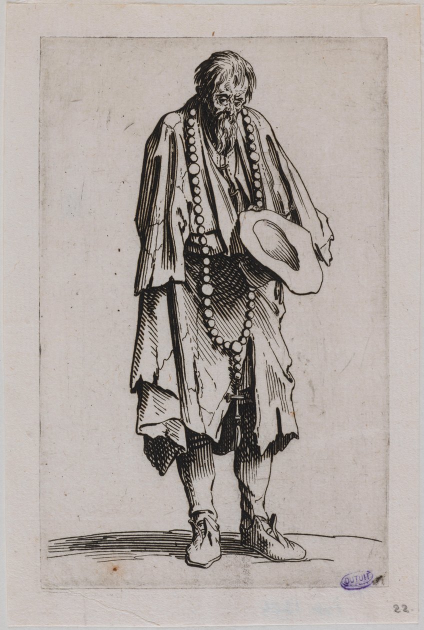 Les Gueux, Der Bettler mit dem Rosenkranz. Elfte Nummer einer Serie von 25 Stücken (Lieure 489, Meaume 695) von Jacques Callot