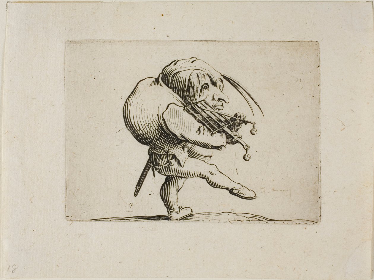 Mann spielt einen Grill wie eine Violine, aus Varie Figure Gobbi von Jacques Callot