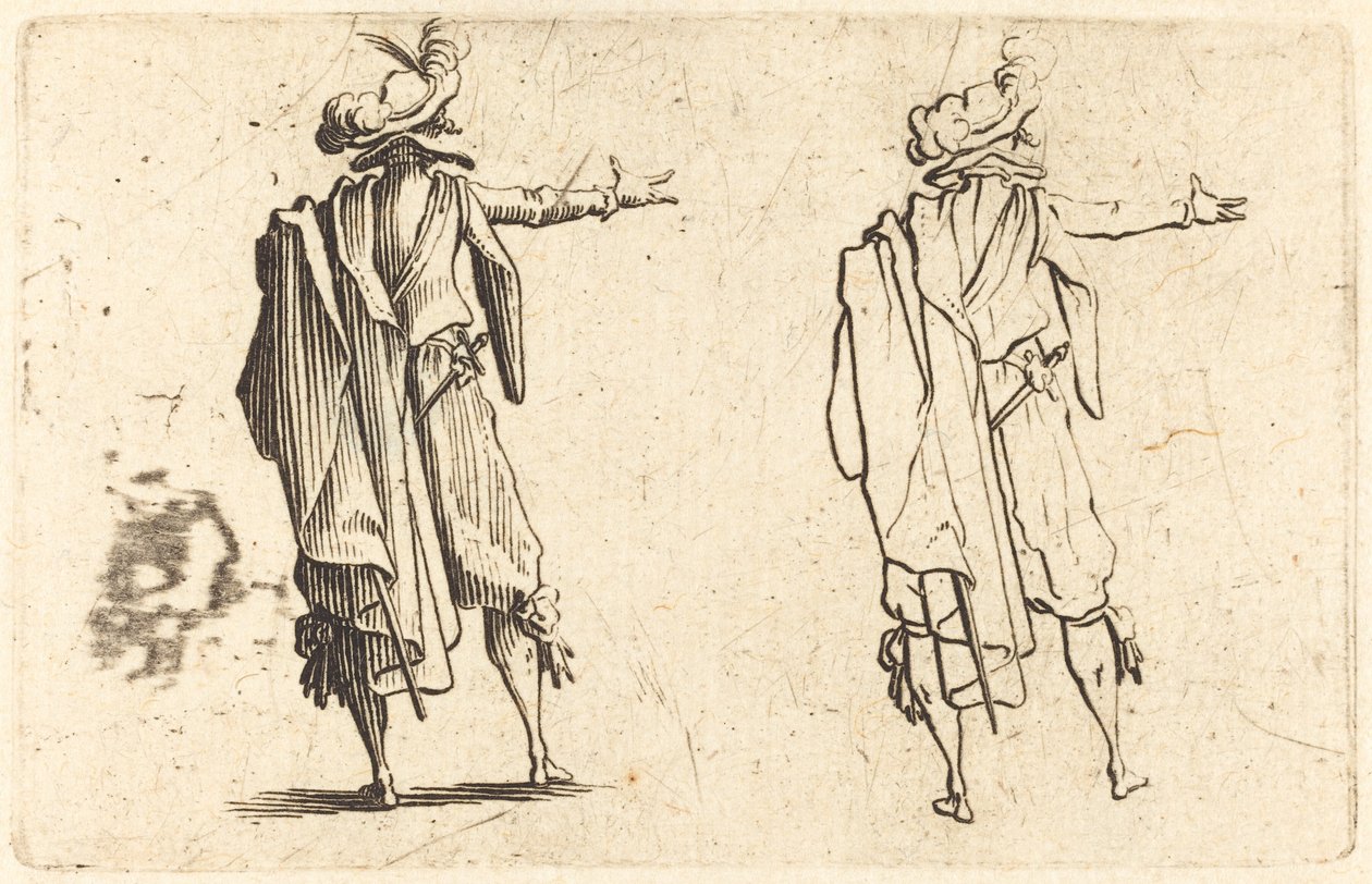 Mann von hinten gesehen mit ausgestrecktem rechten Arm von Jacques Callot