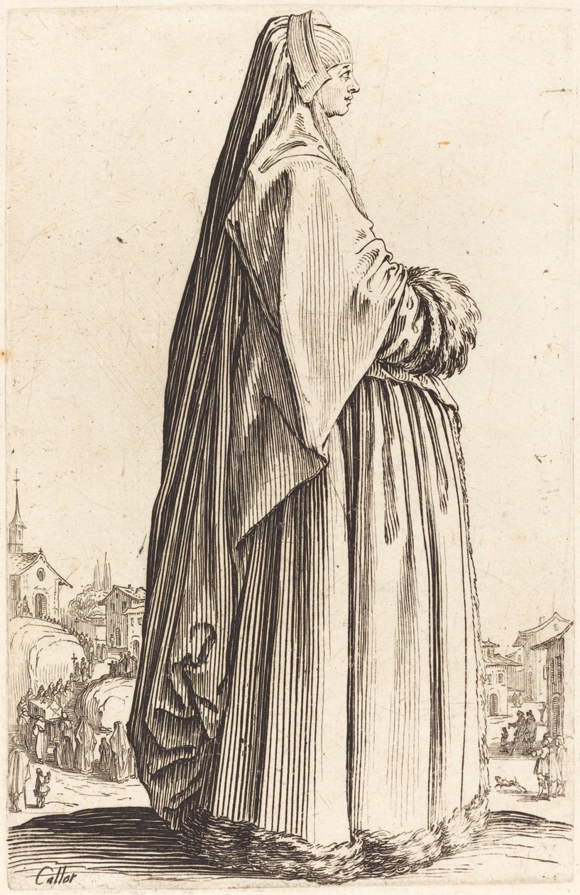 Edle Frau mit Schleier und pelzbesetztem Kleid von Jacques Callot