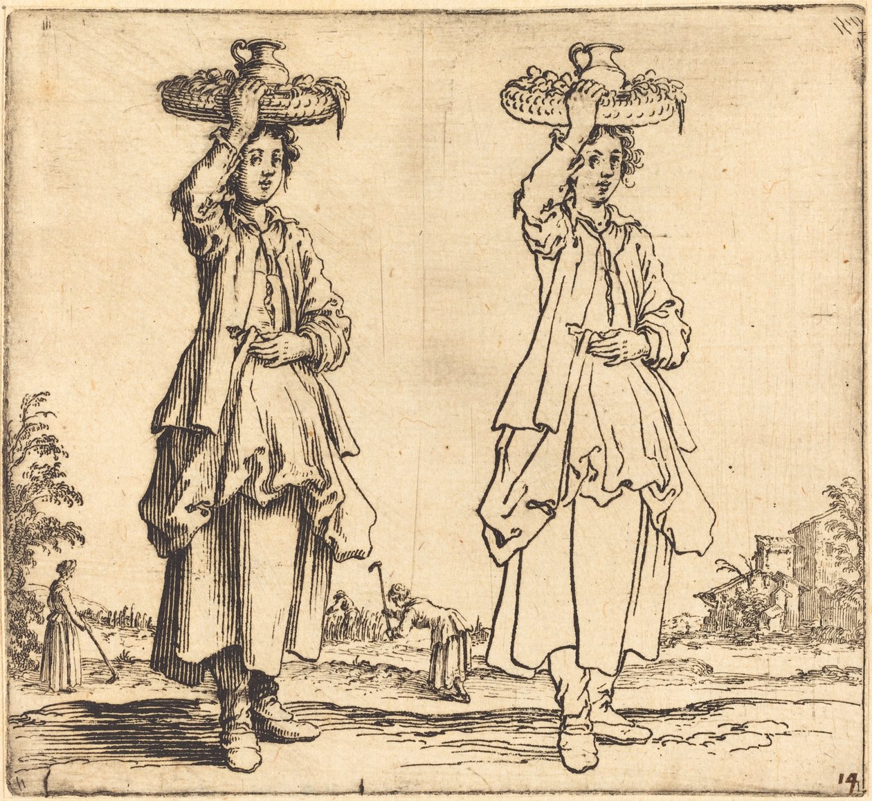 Bäuerin mit Korb auf dem Kopf, Vorderansicht von Jacques Callot