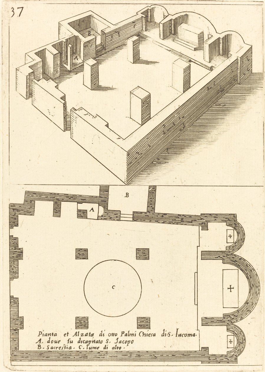 Plan und Aufriss der Kirche von S. Iacoma von Jacques Callot