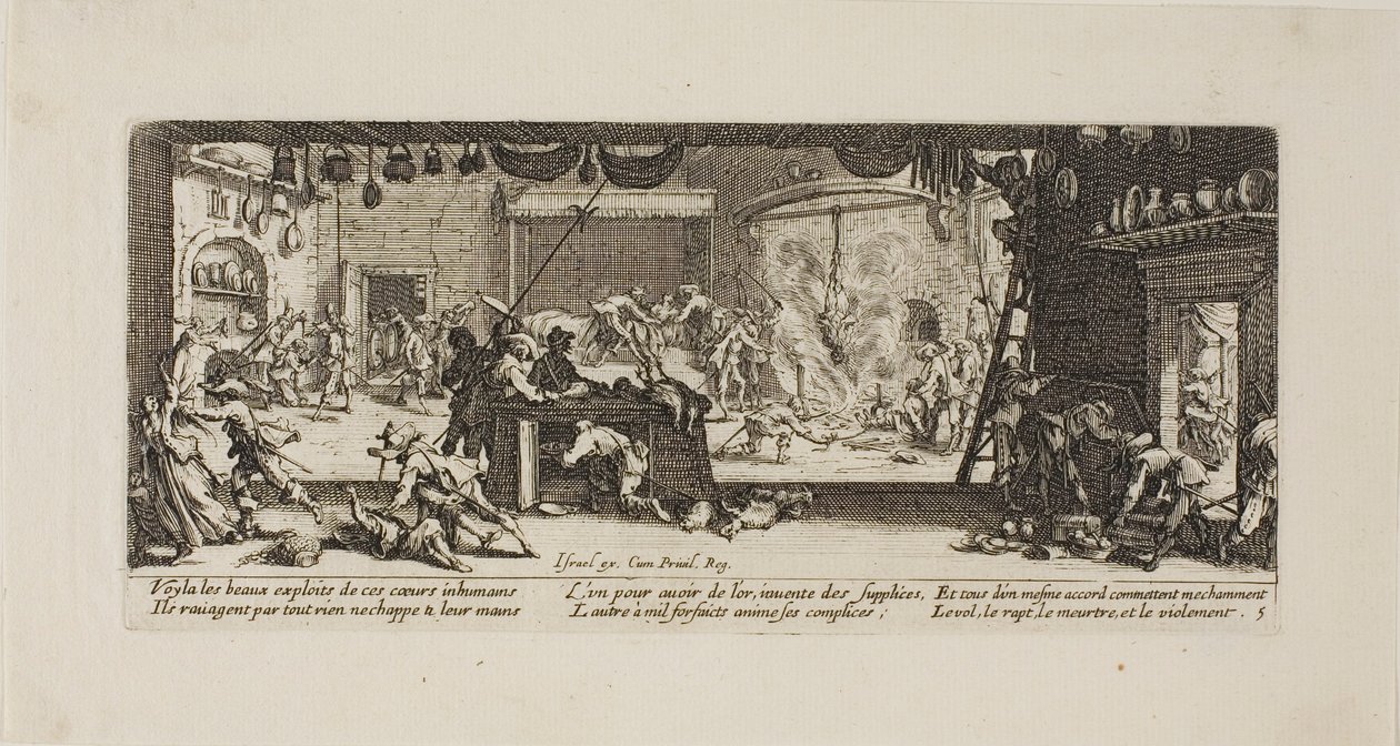 Plünderung eines großen Bauernhauses, Platte fünf aus Die Leiden des Krieges von Jacques Callot