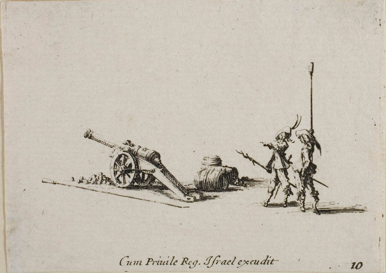 Vorbereitung zum Abfeuern der Kanone, Tafel zehn aus Die militärischen Übungen von Jacques Callot