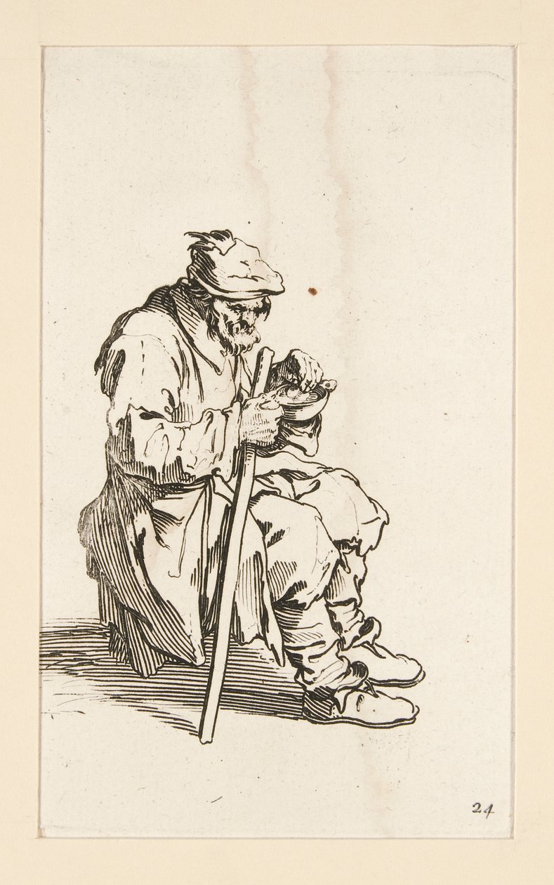 Sitzender Bettler, essend, aus Die Bettler (Le gueux assis et mangeant) von Jacques Callot