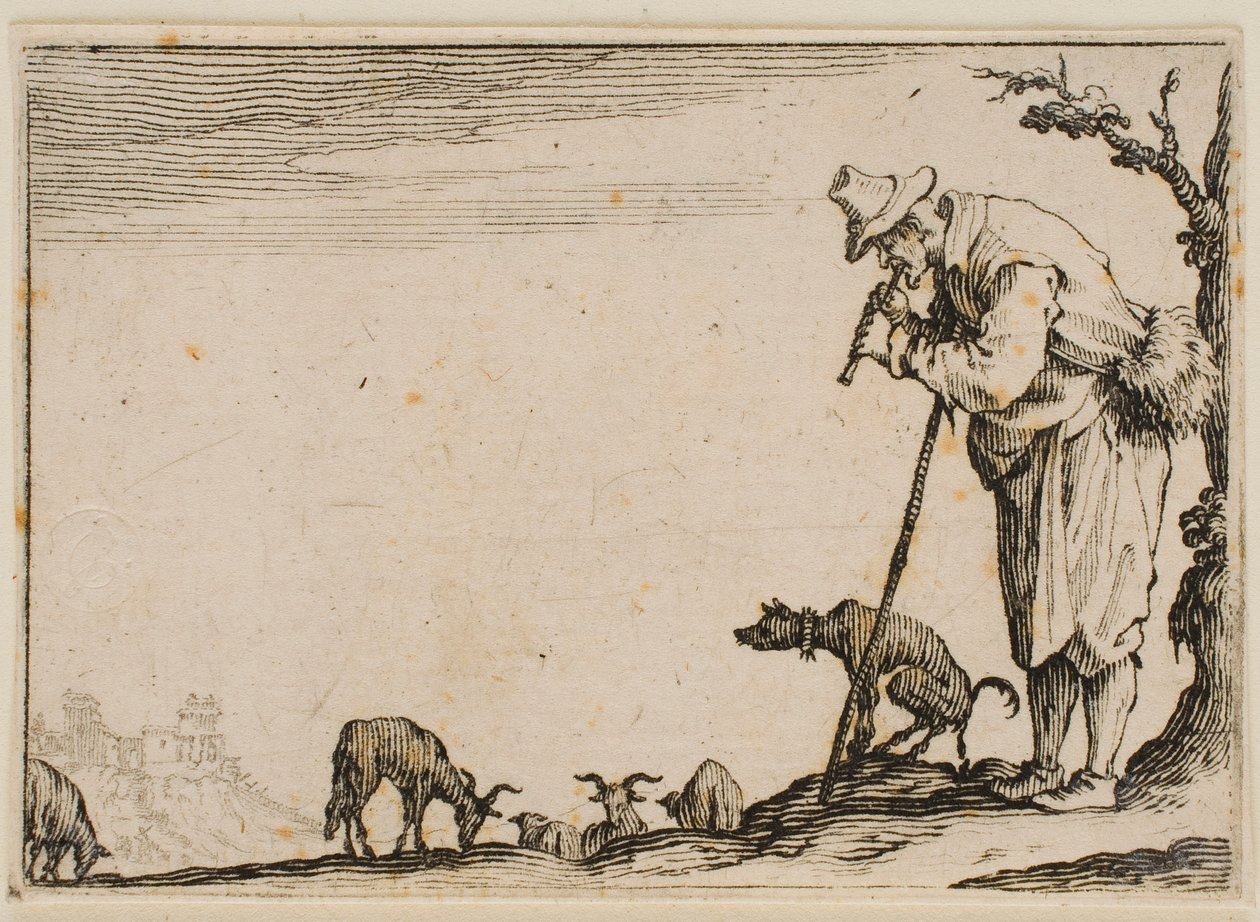 Hirte, der eine Flöte spielt, aus "Die Caprices" (Florenz-Ausgabe) von Jacques Callot