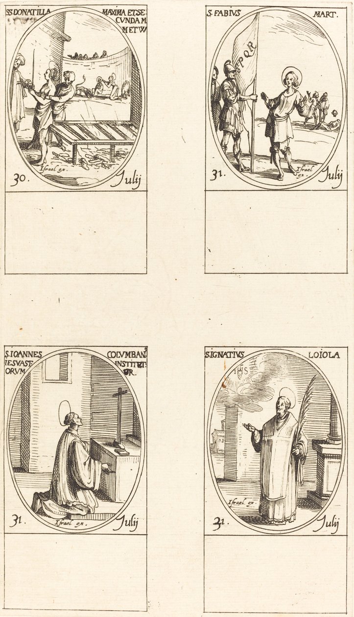 Heilige Donatilla, Maxima & Secunda; Heiliger Fabius; Heiliger Johannes Colombini; Heiliger Ignatius von Loyola von Jacques Callot