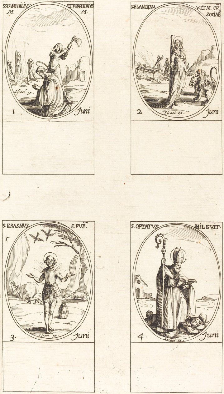 Hl. Pamphilius und Porphyrius; Hl. Blandina und Gefährten; Hl. Erasmus; Hl. Optatus von Jacques Callot