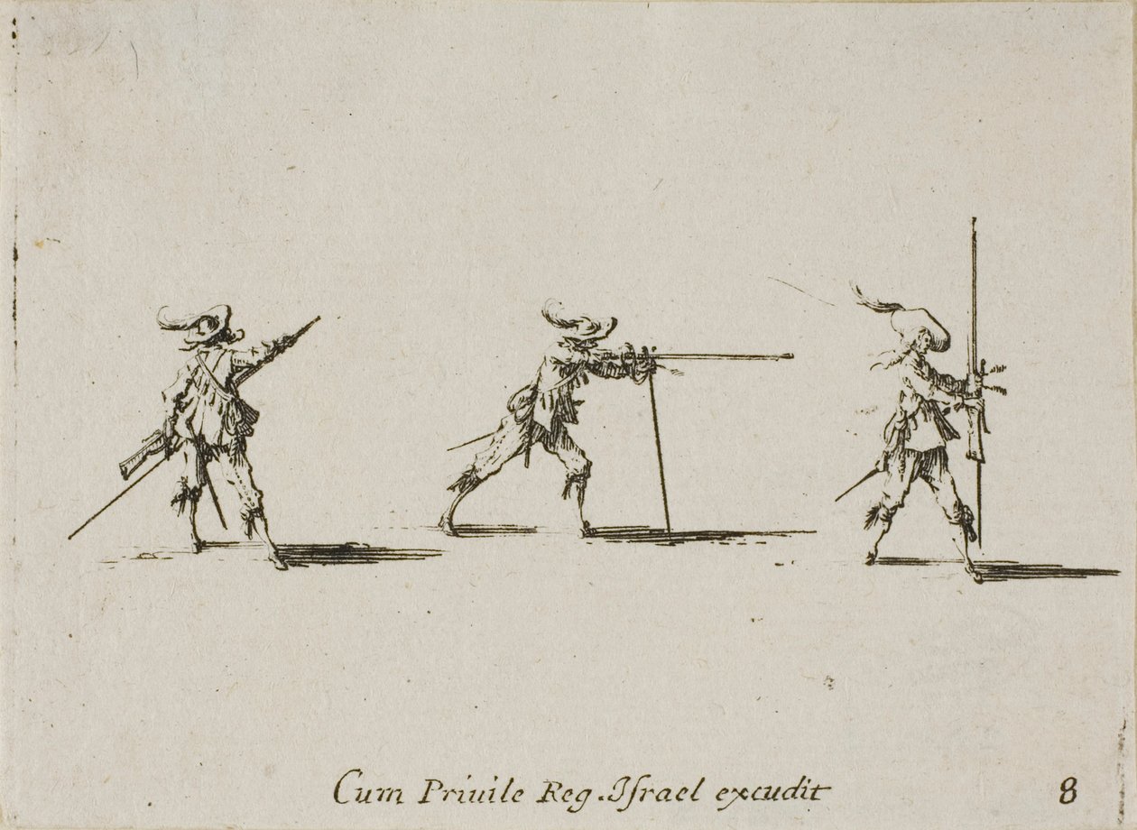 Einnehmen der Schussposition mit dem Musket, Tafel acht aus Die Militärübungen von Jacques Callot