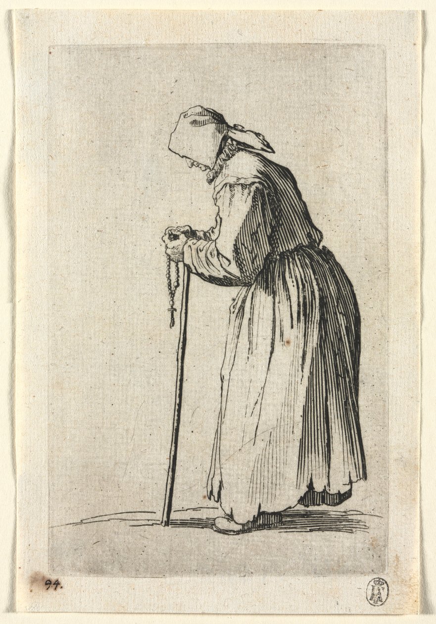 Die Bettler: Bettlerin mit ihrem Rosenkranz, um 1623 von Jacques Callot