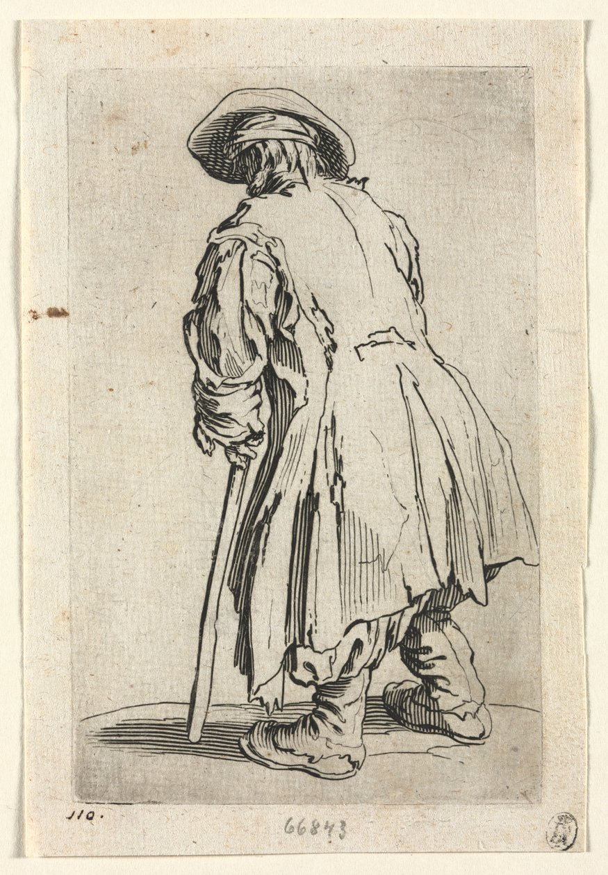 Die Bettler: Alter Bettler auf einer einzigen Krücke von Jacques Callot