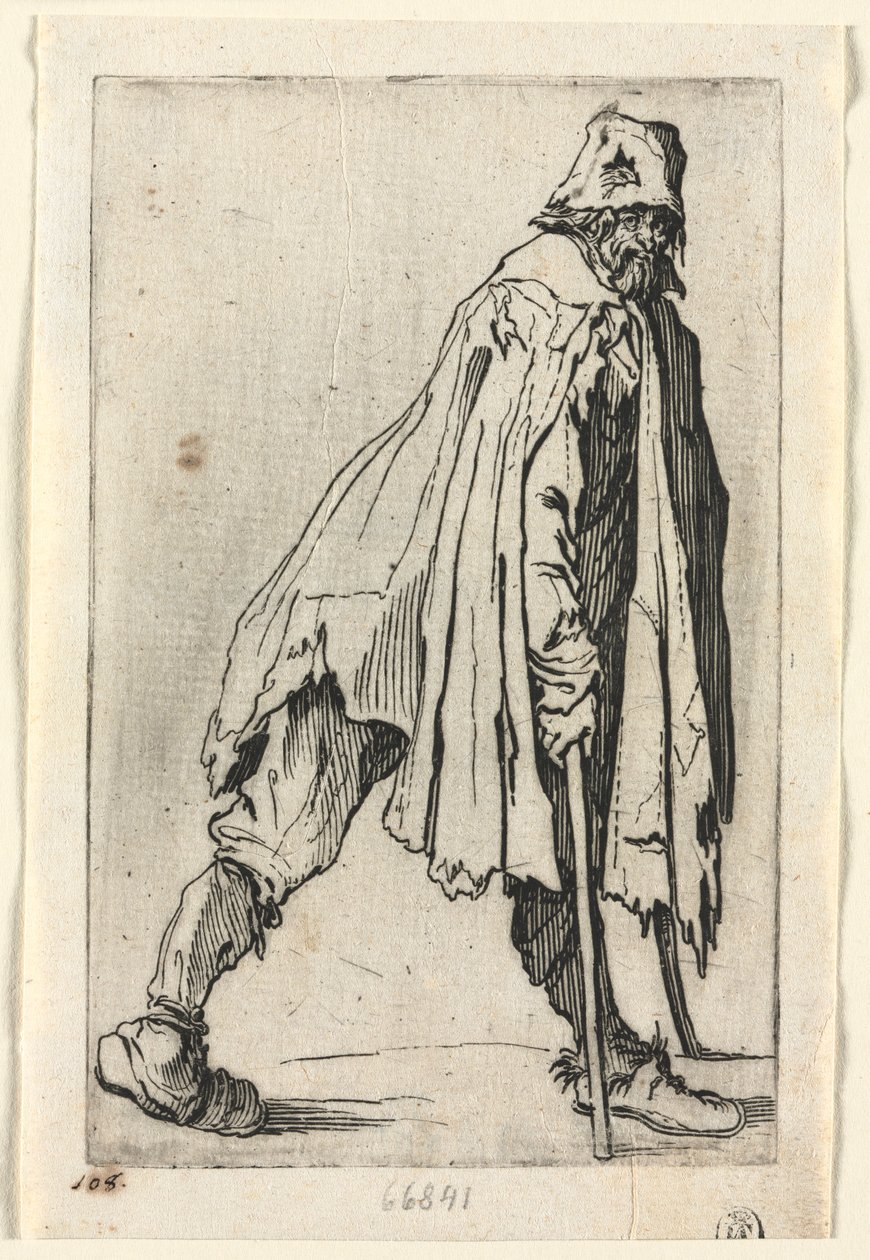 Die Bettler: Der Bettler auf Krücken, mit einer Mütze, um 1623 von Jacques Callot