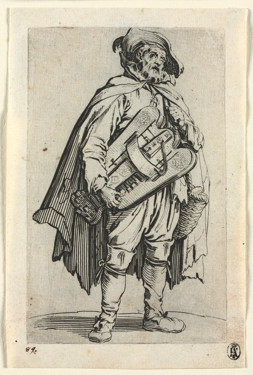 Die Bettler: Der Drehorgelspieler, um 1623 von Jacques Callot