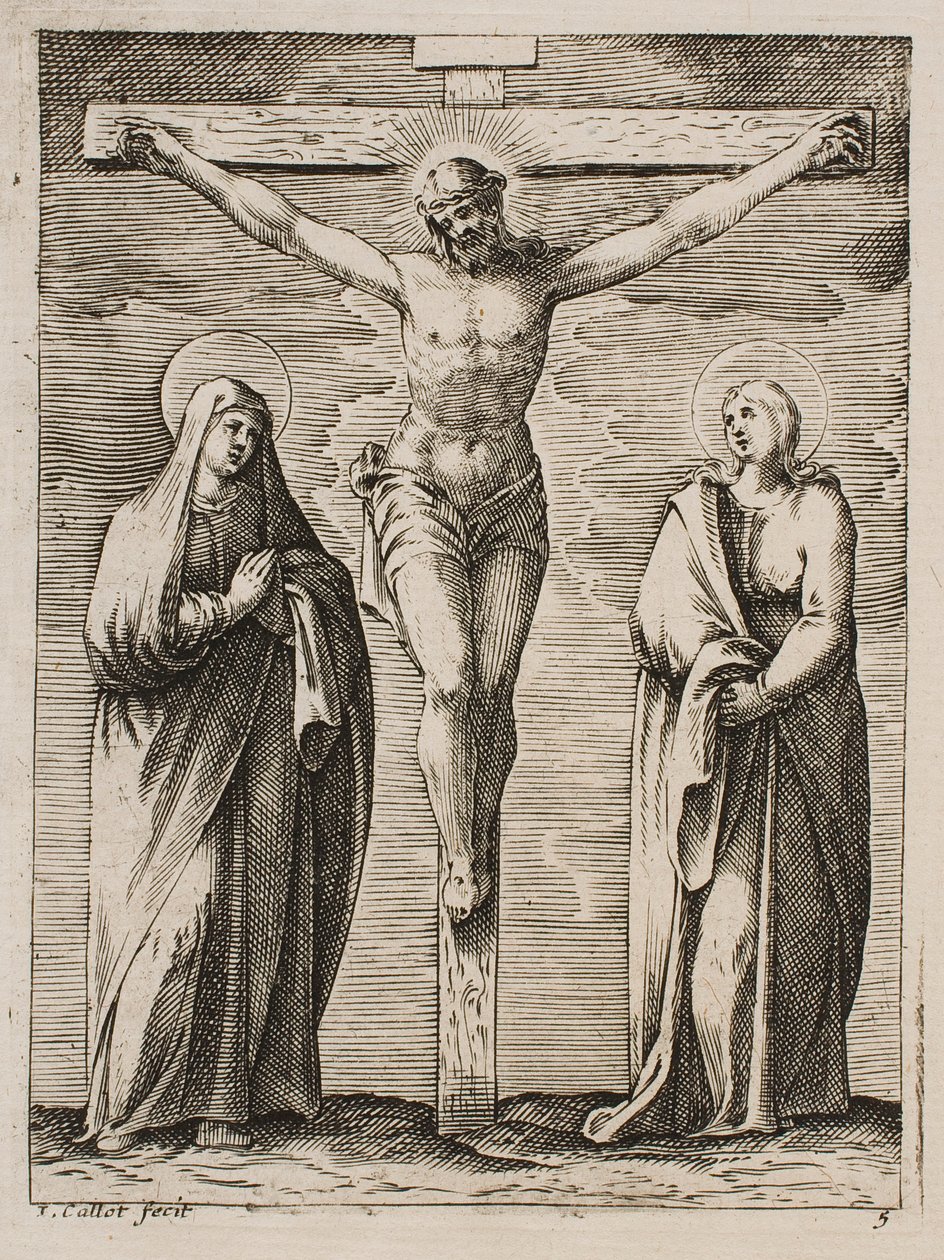 Die selige Jungfrau und der heilige Johannes am Fuße des Kreuzes, aus der Serie „Bilder von Rom“ von Jacques Callot