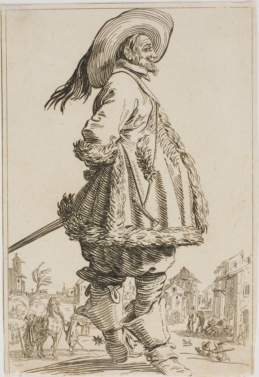 Der Herr im pelzbesetzten Mantel mit den Händen hinter dem Rücken, aus der Serie Die Adligen von Lothringen von Jacques Callot