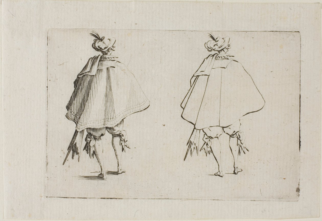 Der Herr mit einem großen Mantel, von hinten gesehen, aus Die Caprices von Jacques Callot