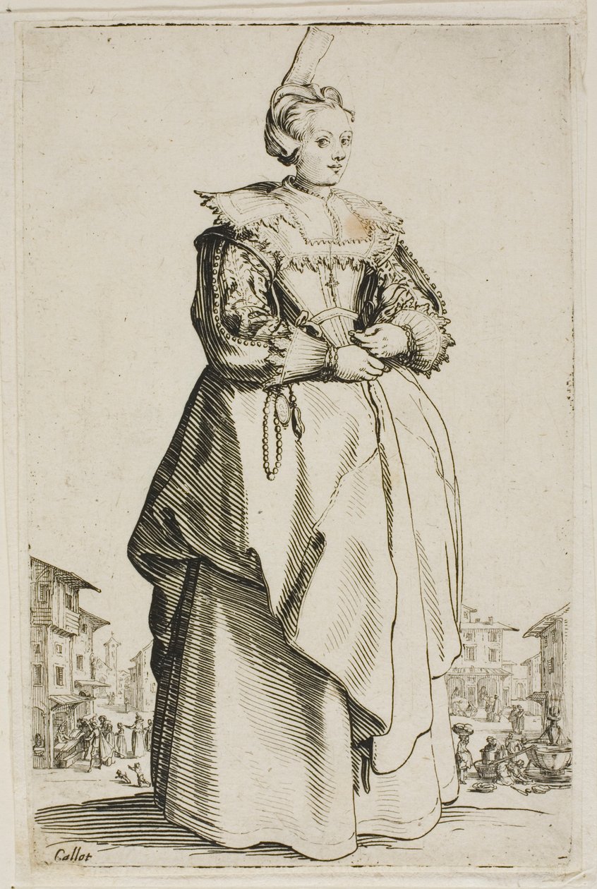 Die Dame mit der kleinen erhobenen Kappe, Platte eins aus La Noblesse von Jacques Callot