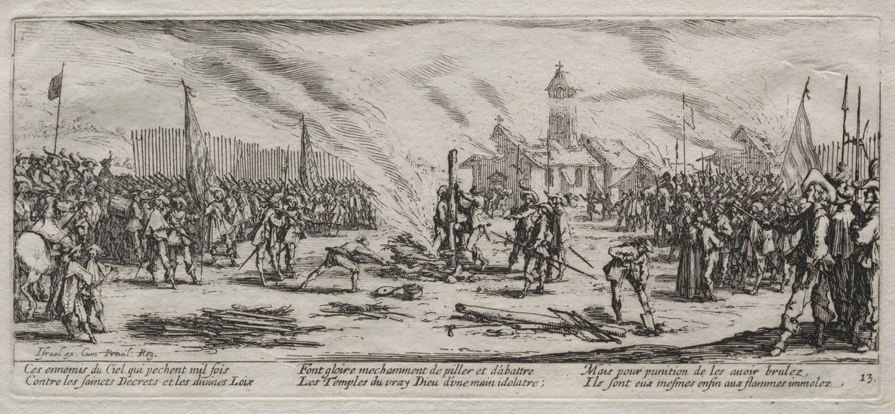 Die großen Leiden des Krieges: Verbrennung auf dem Scheiterhaufen von Jacques Callot