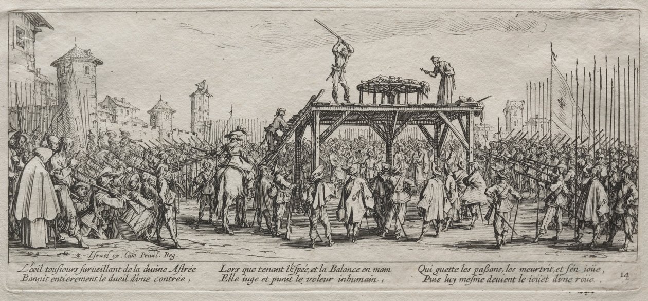 Die großen Elendnisse des Krieges: Hinrichtung auf dem Rad, 1633 von Jacques Callot
