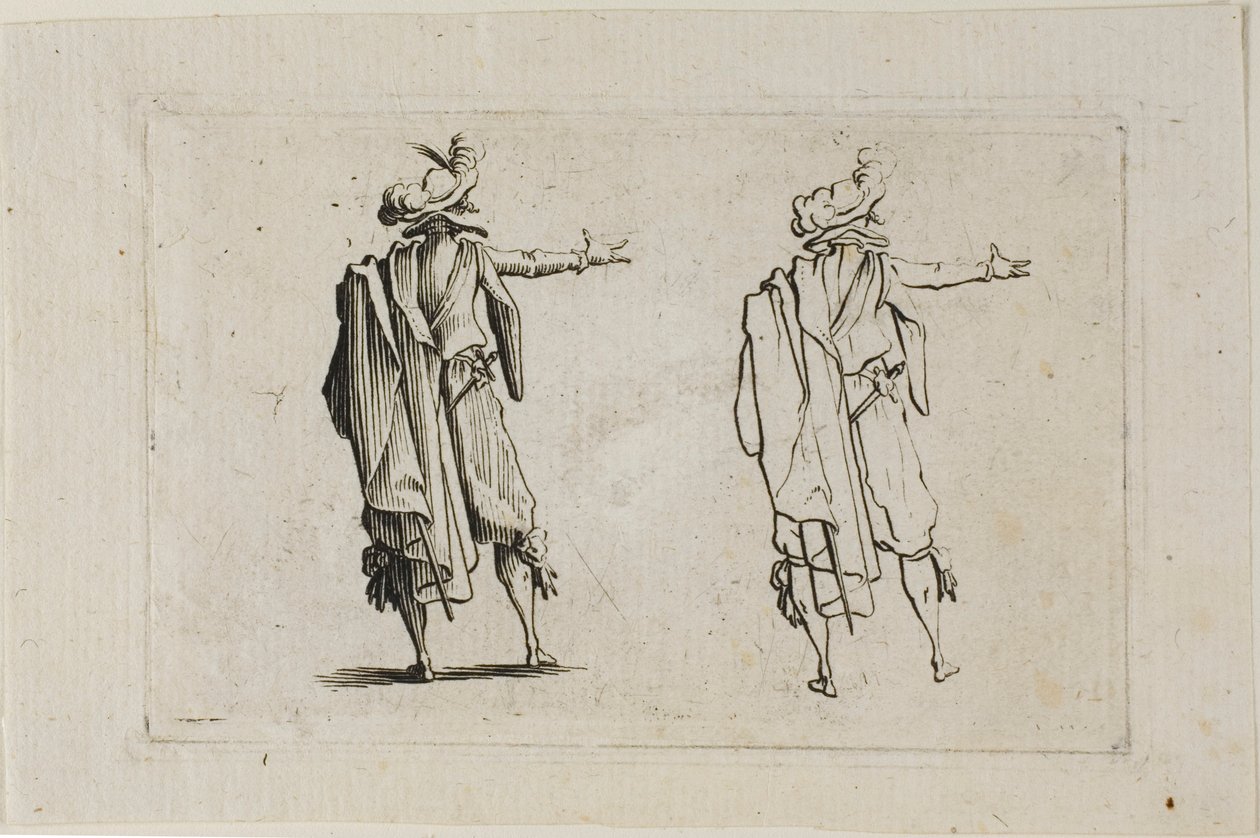 Der Mann von hinten gesehen, rechter Arm erhoben, aus Die Capricen von Jacques Callot