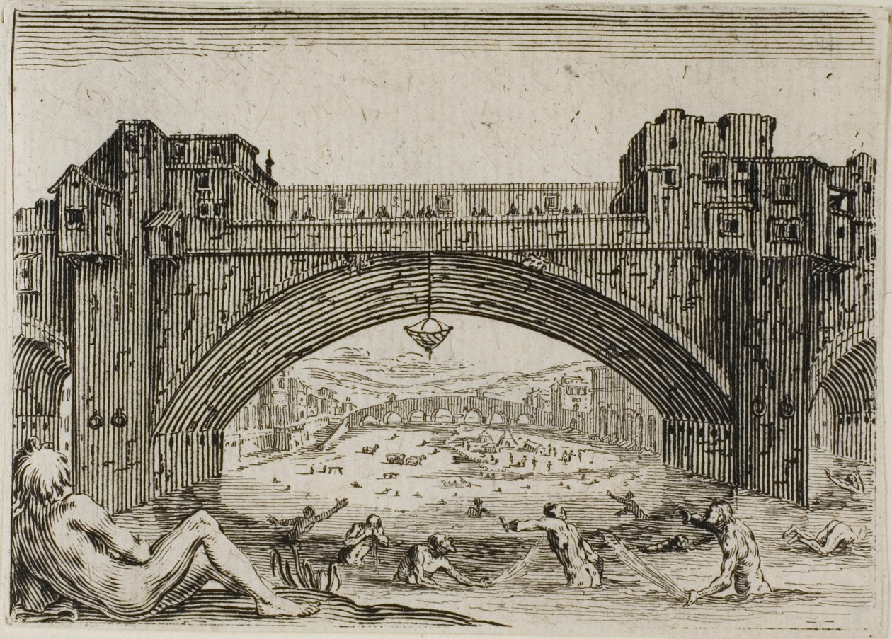 Die Ponte Vecchio in Florenz, aus Die Kaprizen von Jacques Callot