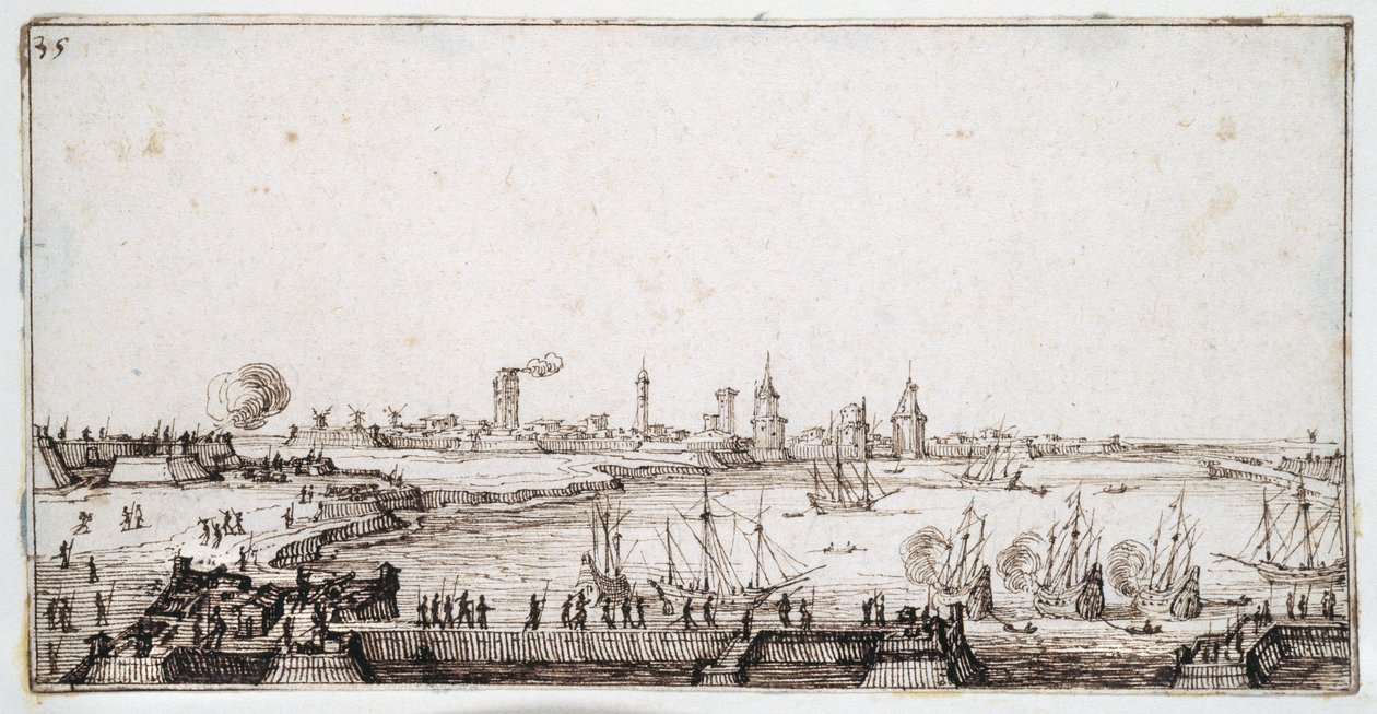 Ansicht des Hafens von La Rochelle mit Salut schießenden Galeonen von Jacques Callot