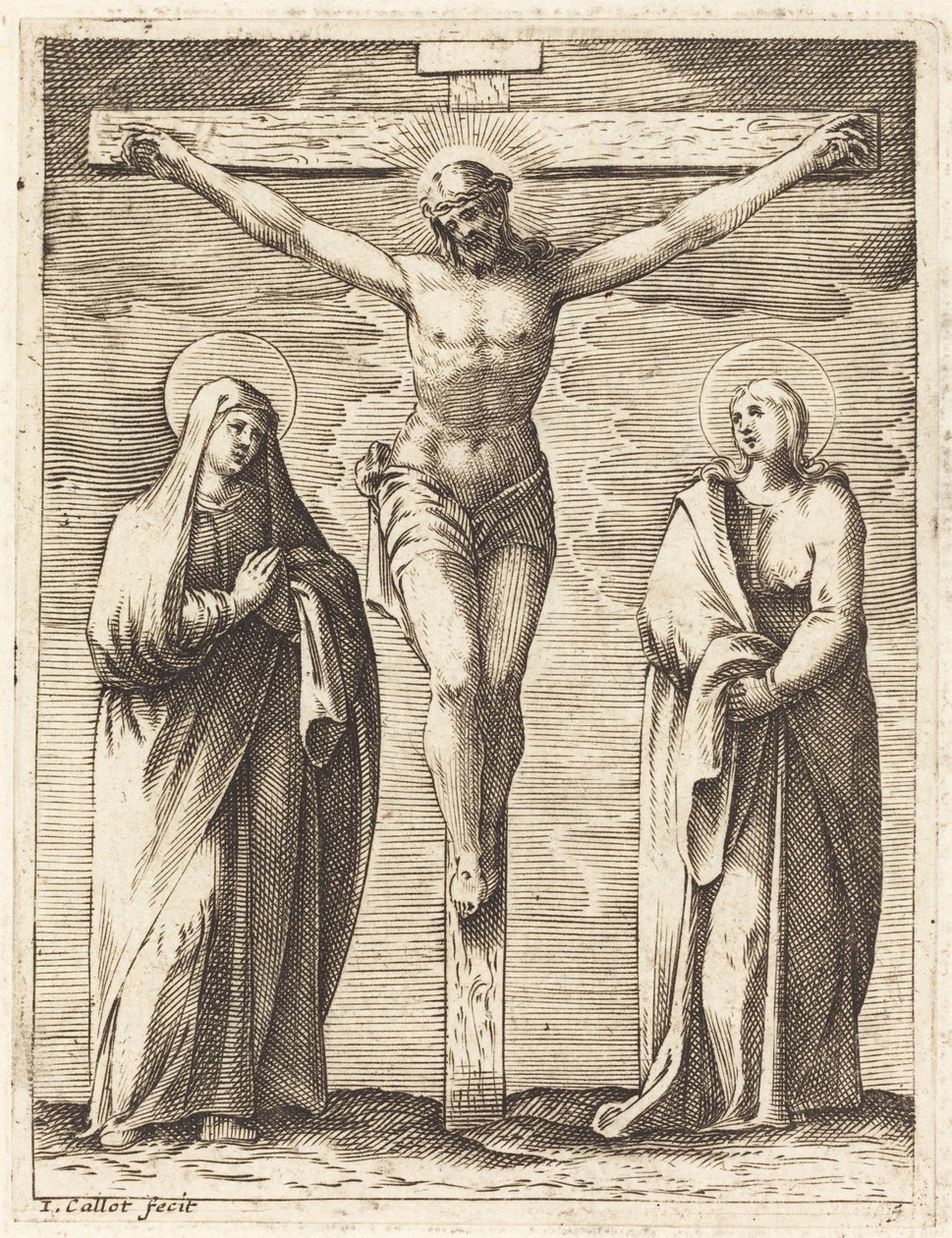 Jungfrau und Heiliger Johannes am Fuße des Kreuzes von Jacques Callot