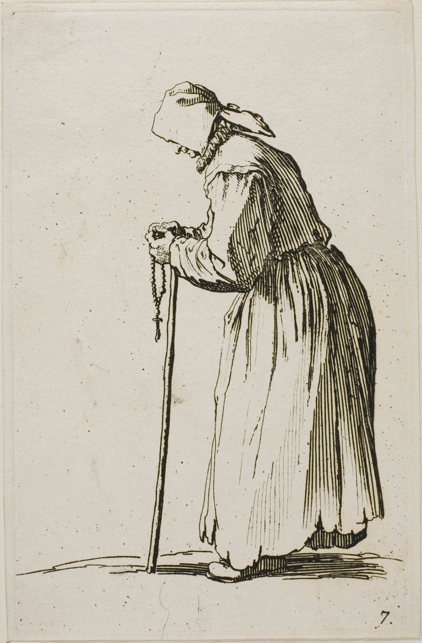 Bettlerin mit einem Rosenkranz, Platte sieben aus Die Bettler von Jacques Callot