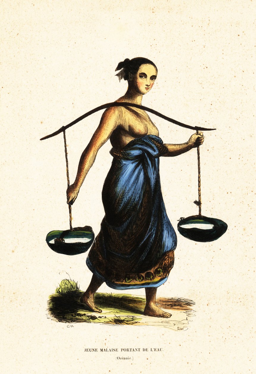 Junge malaiische Frau trägt Wassereimer mit einer Jochstange von Jacques Etienne Victor (after) Arago