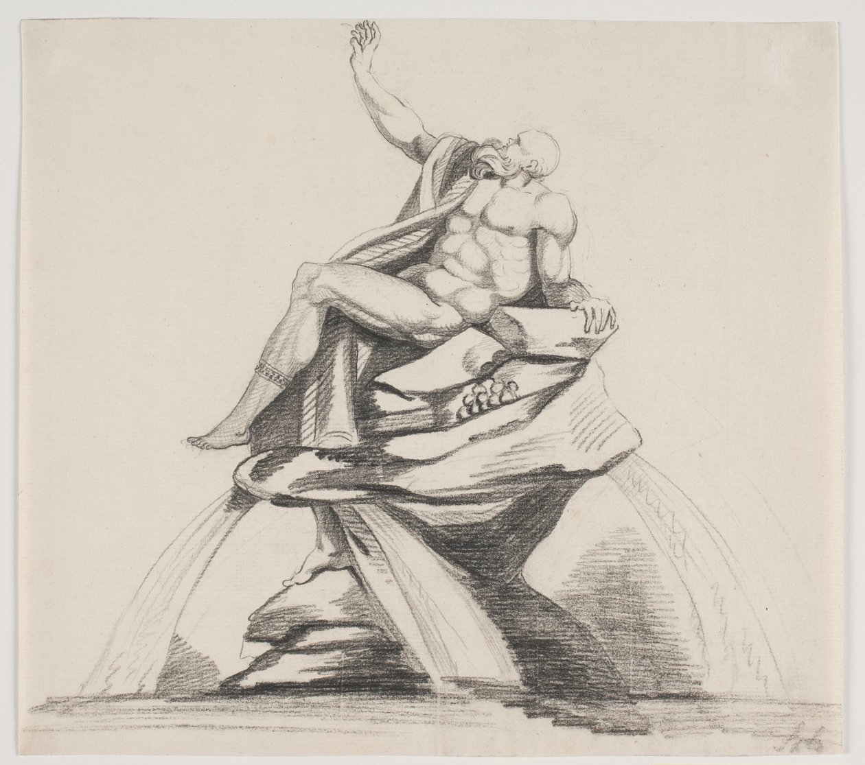 Männliche bärtige Figur mit Gewändern im Profil an einem Brunnen von Jacques Francois Joseph Saly