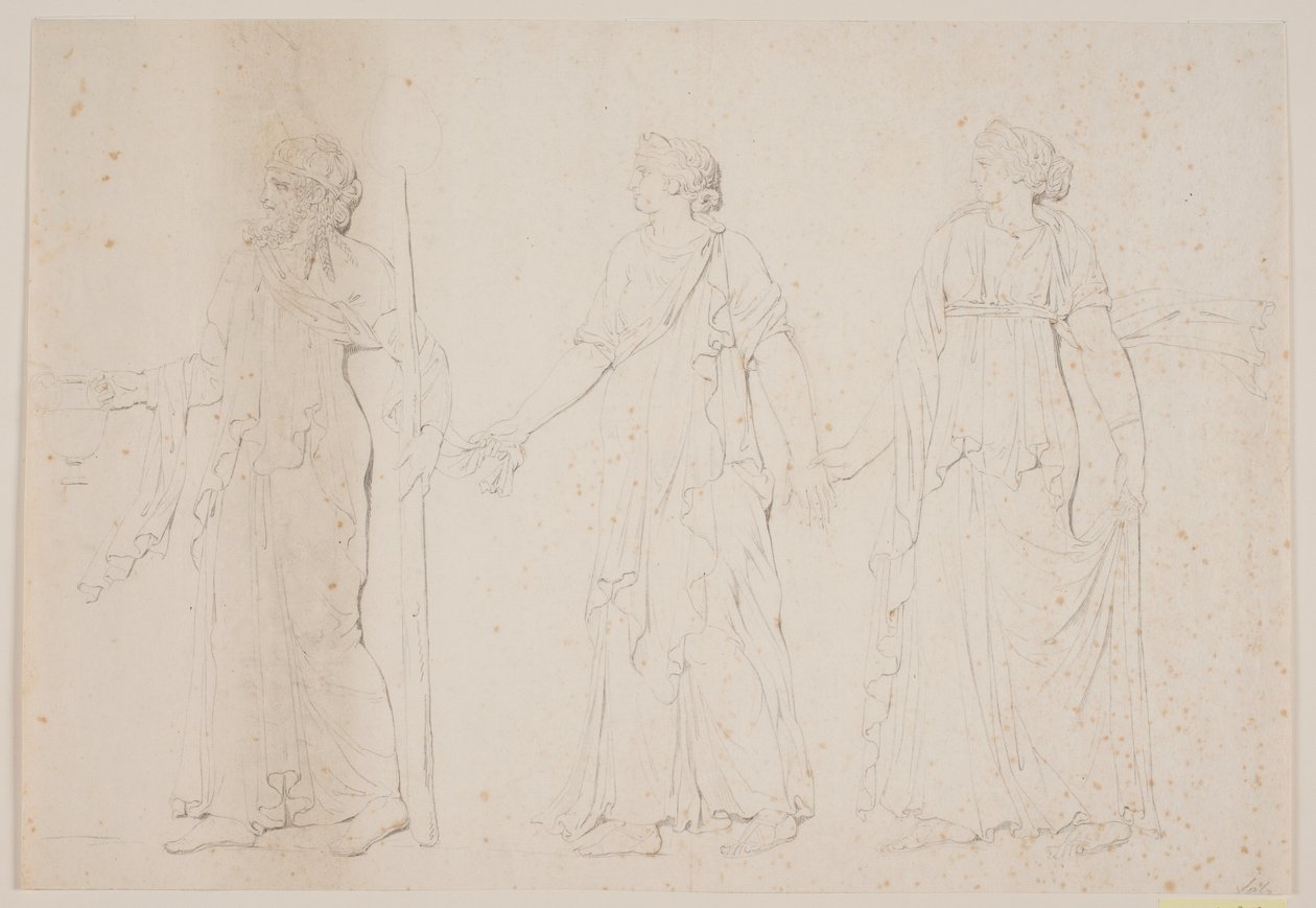 Opferhandlung (?) Drei gehende Figuren in griechischen Gewändern. Vorne ein Mann, der eine Amphore und einen Stab oder eine Fackel trägt, dahinter zwei Frauen von Jacques Francois Joseph Saly