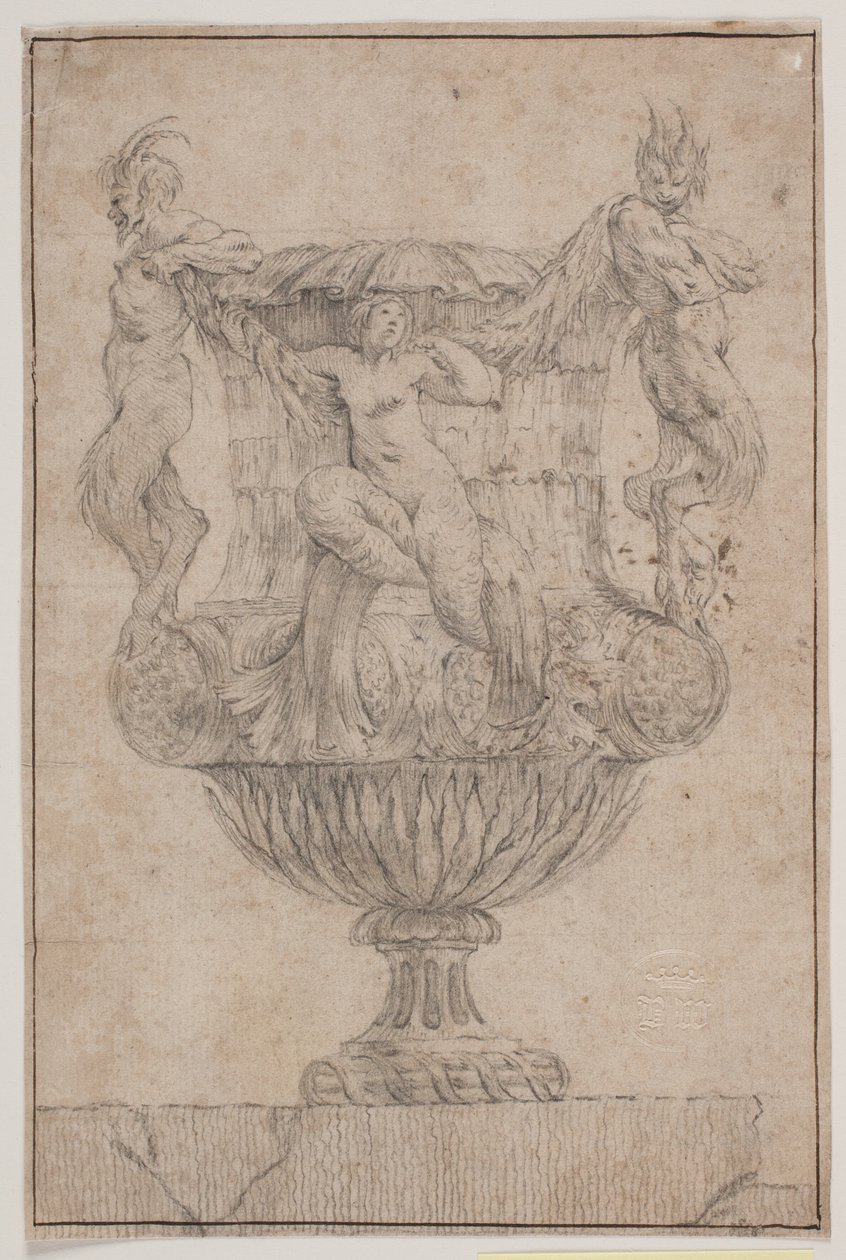 Prydvase mit Pan, Faun und Nymphe. Kopie nach Pl. 14 in der Suite der 1746 von Saly gezeichneten Vasen. "Vasa a se inventa..." von Jacques Francois Joseph Saly