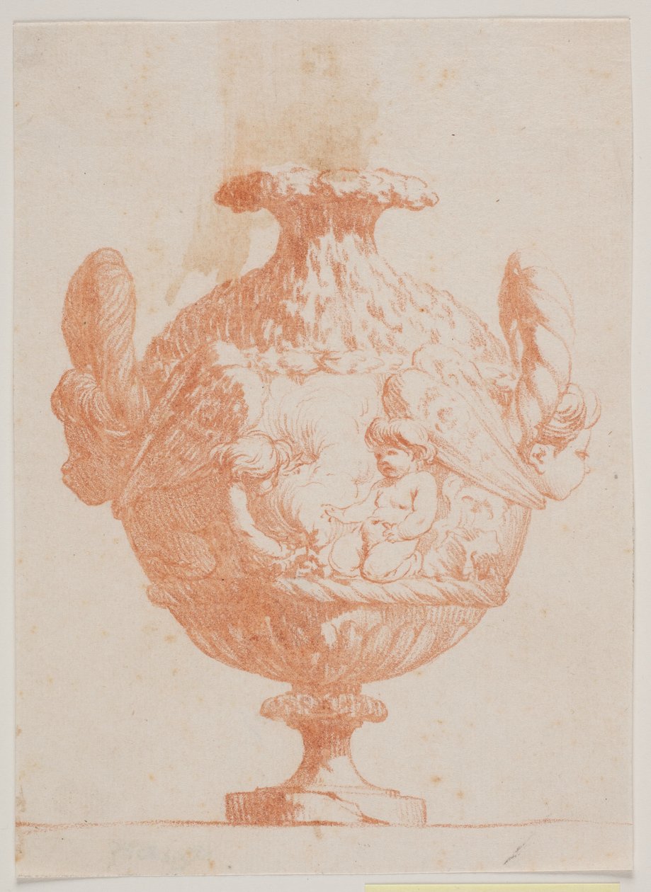 Zier-Vase mit zwei Köpfen und zwei Putti. Kopie nach Pl. 19 aus der Suite der 1746 von Saly gezeichneten Vasen. "Vasa a se inventa..." von Jacques Francois Joseph Saly