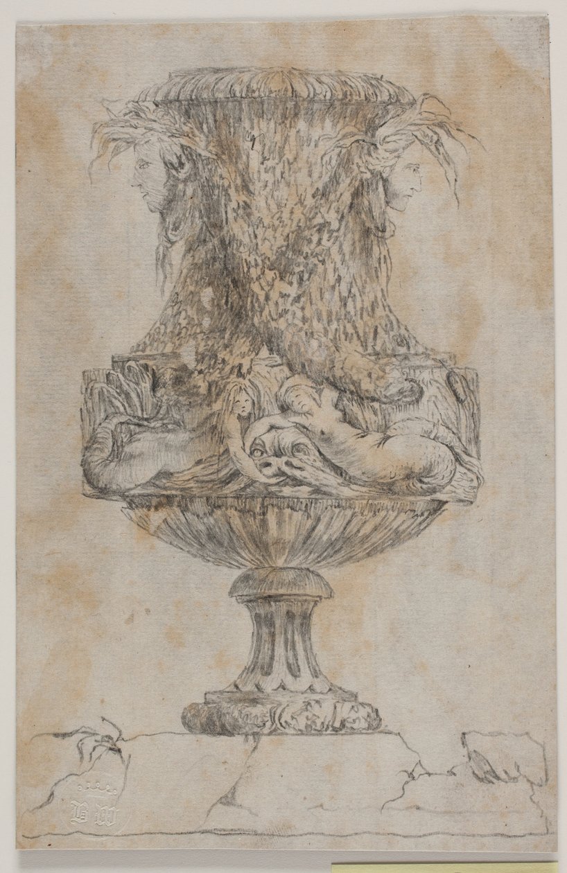 Prydvase mit zwei Köpfen und zwei Wassernymphen. Kopie nach Pl. 20 in der Suite der 1746 von Saly gezeichneten Vasen. "Vasa a se inventa..." von Jacques Francois Joseph Saly