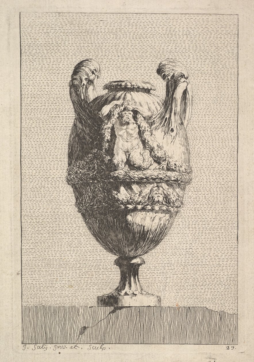 Vase mit einem männlichen Sirenen, der einen Kranz hält, aus: Vasen, 1746 von Jacques Francois Joseph Saly