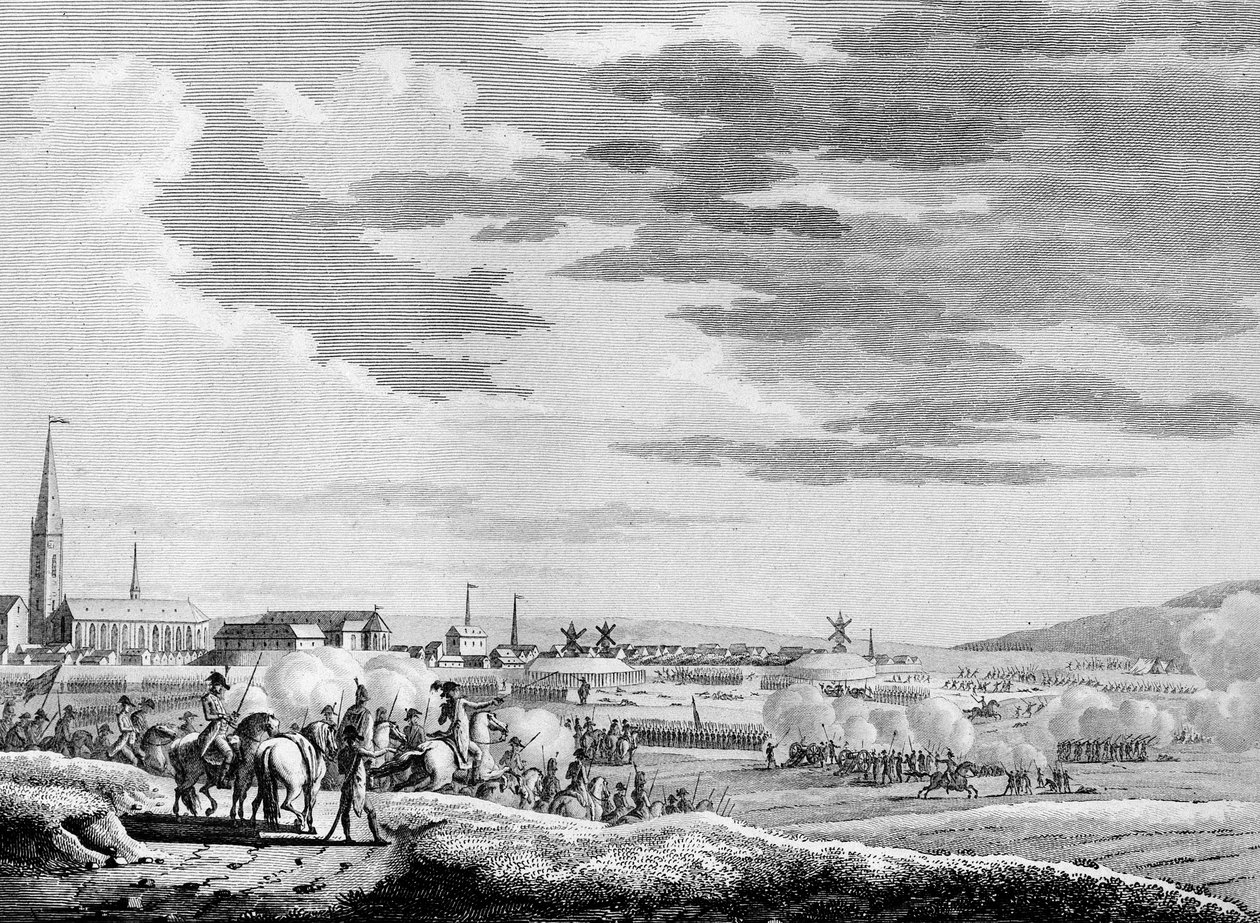 Krieg der Französischen Revolution und antirevolutionäre Bewegungen: Französischer Sieg in der Schlacht von Hondschoote bei Dünkirchen gegen die britischen und österreichischen antirevolutionären Truppen im Jahr 1793. Gravur von Berthaut nach Swebach. Pari von Jacques Francois Joseph Swebach