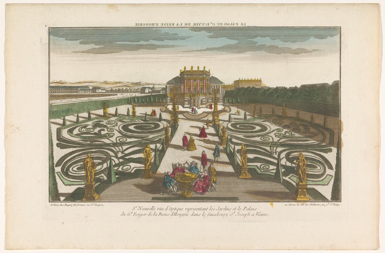 Ansicht des Gartens und des Palastes eines Offiziers der Königin von Ungarn in einem Vorort von Wien von Jacques Gabriel Huquier