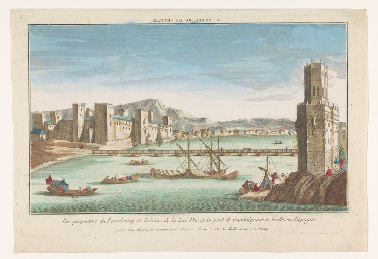 Ansicht des Stadtteils Triana, einer Brücke über den Fluss Guadalquivir und des Torre del Oro in Sevilla von Jacques Gabriel Huquier