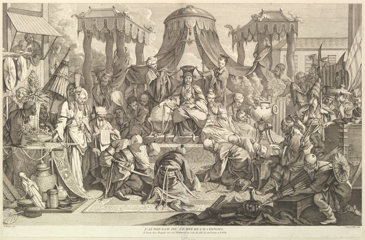 Die Audienz des chinesischen Kaisers, aus Chinois..., nach 1743 von Jacques Gabriel Huquier
