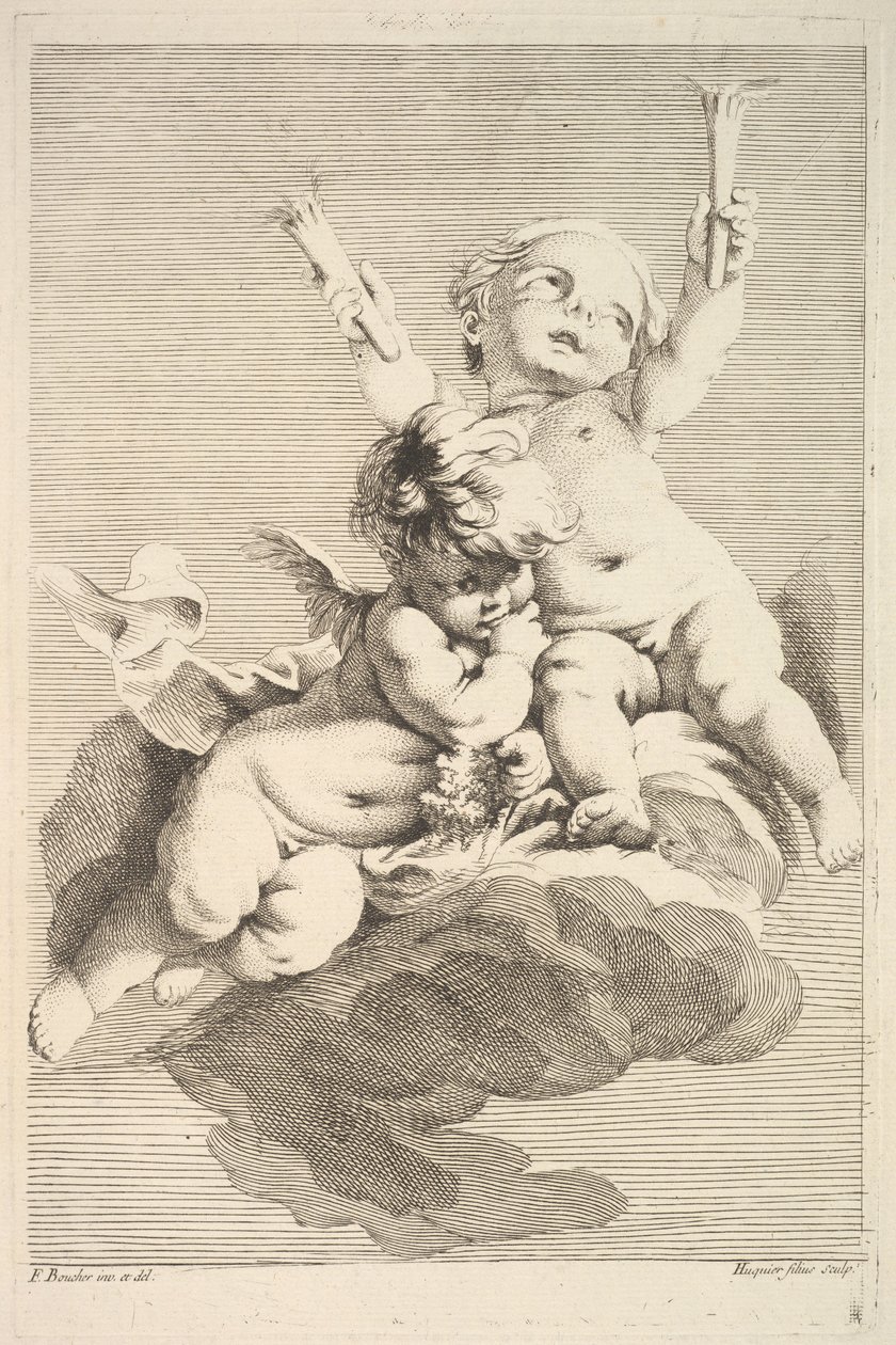 Zwei Cupidos, einer hält Fackeln, Mitte bis Ende des 18. Jahrhunderts von Jacques Gabriel Huquier