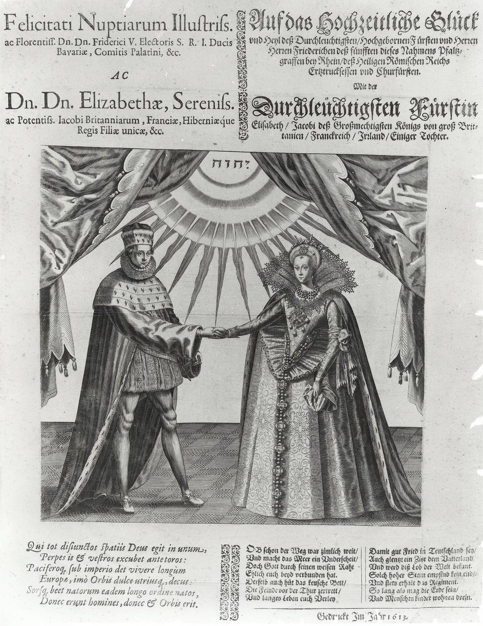 Ein Flugblatt zur Hochzeit von Friedrich V., Kurfürst von der Pfalz, und Prinzessin Elisabeth von England, 1613 von Jacques Granthomme