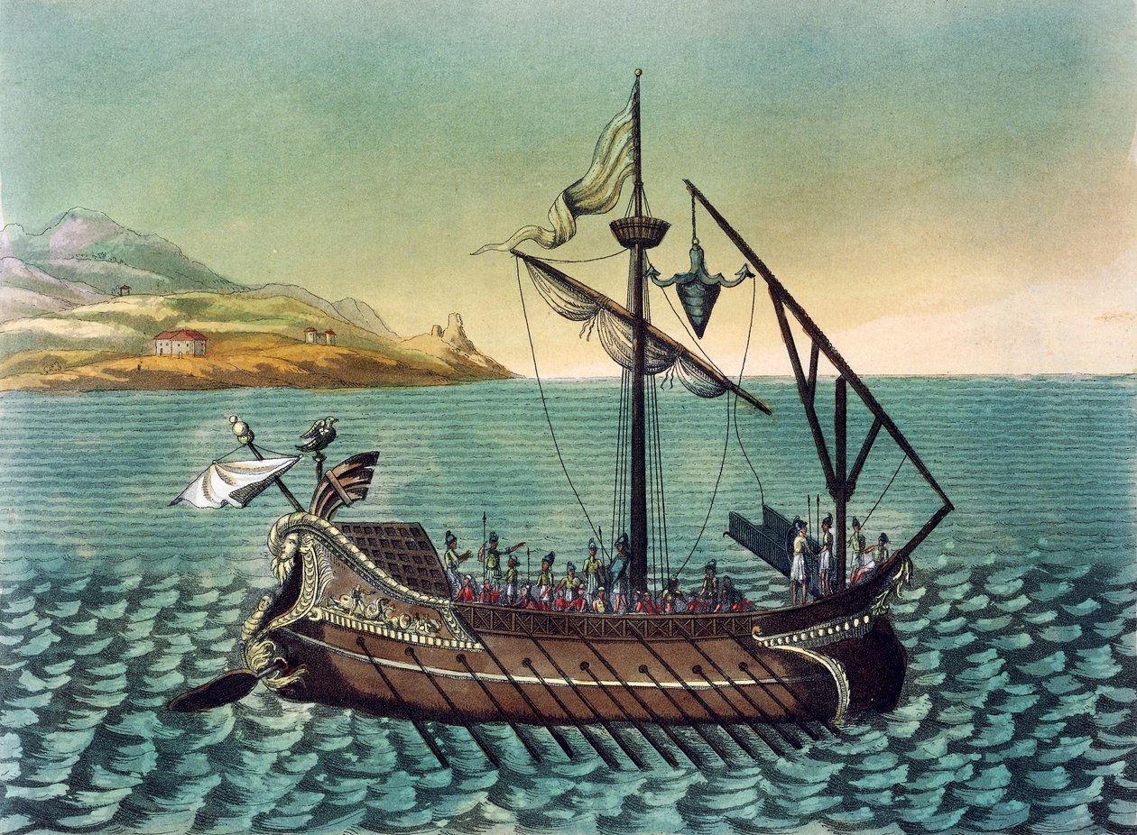 Duilius Corvus (Entervorrichtung) auf römischer Galeerenkriegsschiff, Gravur aus dem antiken Rom von Jacques Grasset de Saint Sauveur