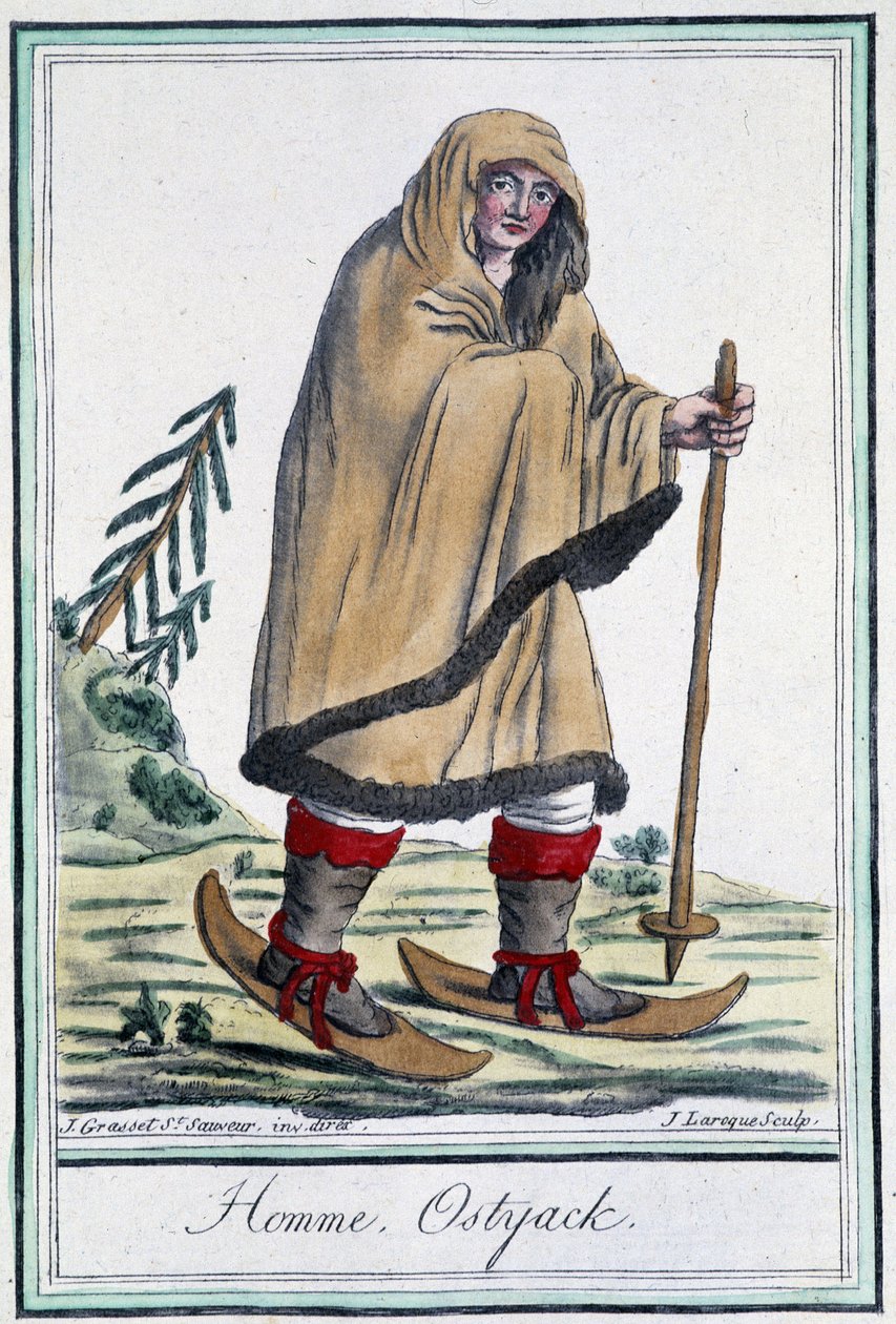 Ostyak-Mann auf Skiern - in „Enzyklopädie der Reisen“ von Grasset Saint Sauveur, ed. Paris 1796 von Jacques Grasset de Saint Sauveur