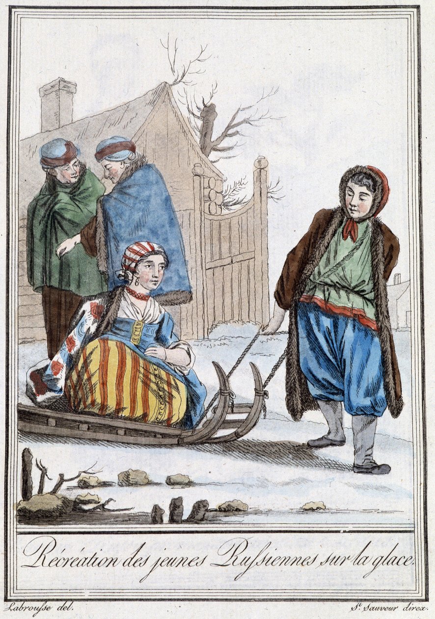 Freizeit der jungen Russinnen auf einem Schlitten (Russen) - in „Enzyklopädie der Reisen“ von Grasset Saint Sauveur, ed. Paris 1796 von Jacques Grasset de Saint Sauveur