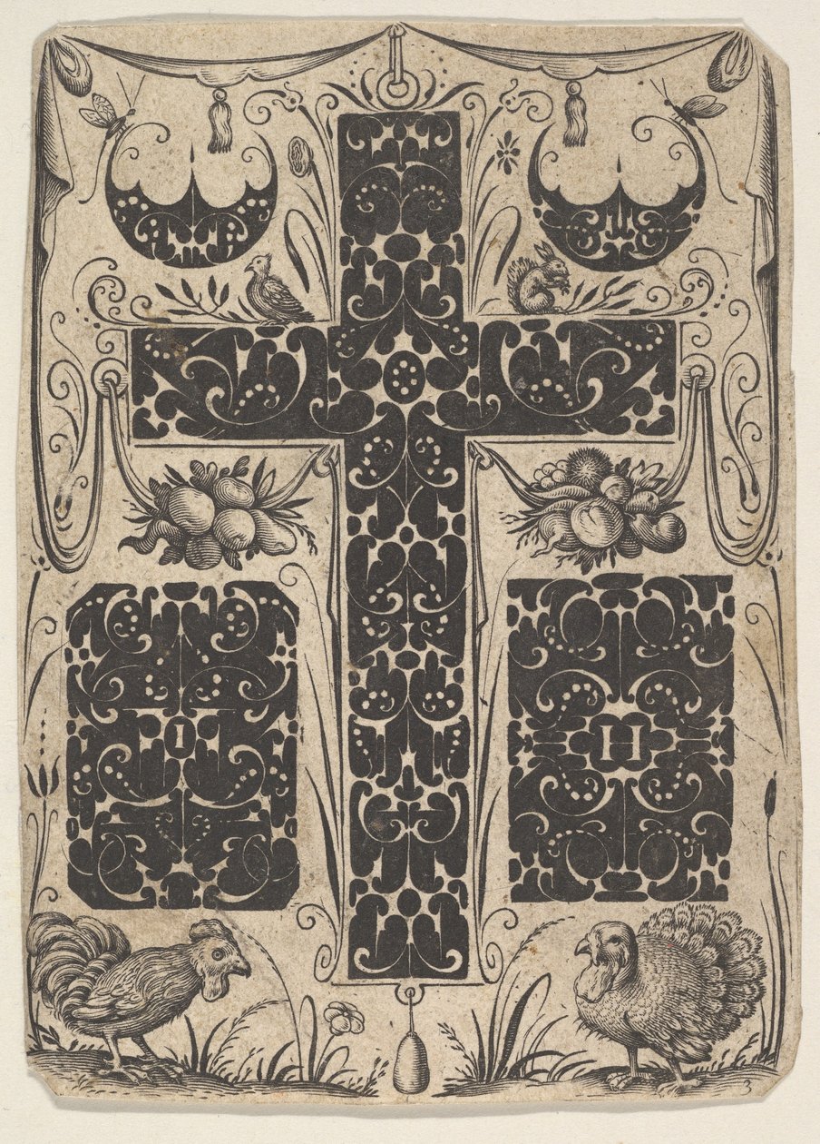 Lateinisches Kreuz mit Vögeln und kleineren Motiven, ca. 1614-19 von Jacques Hurtu