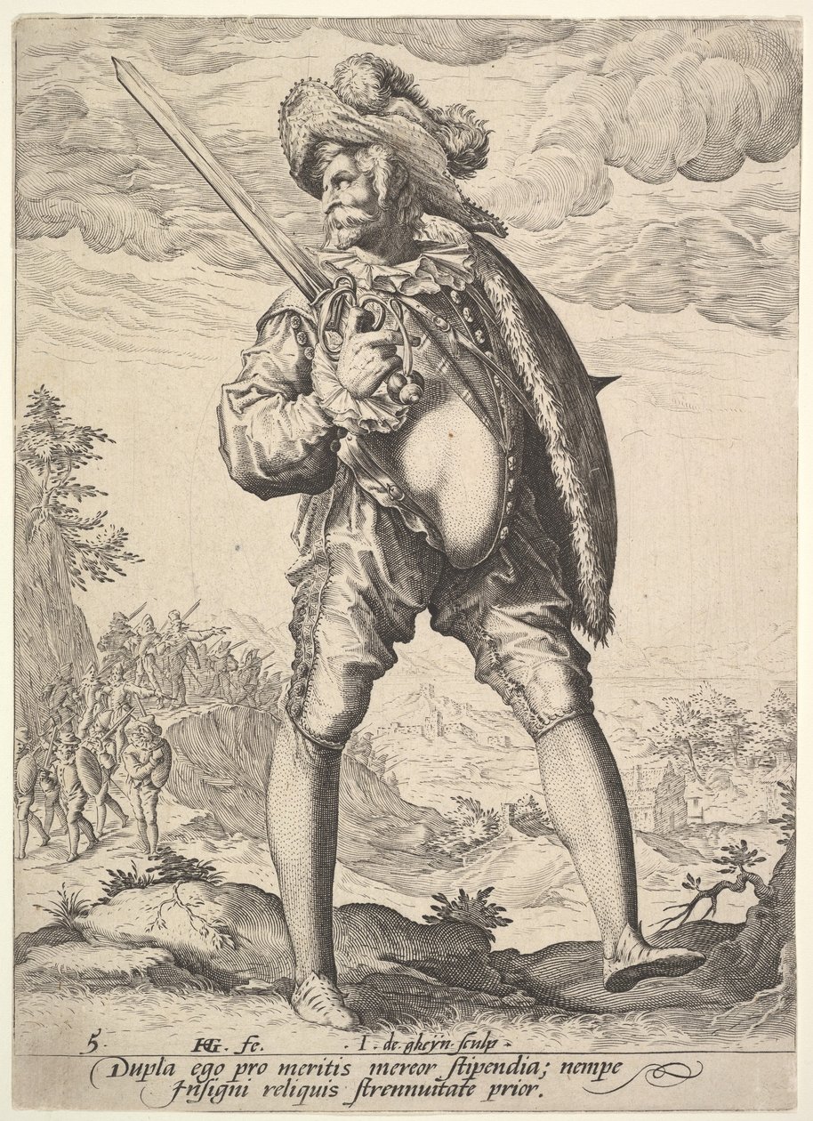 Soldat, bewaffnet mit Breitschwert und Schild, aus Offiziere und Soldaten (1587) von Jacques II de Gheyn