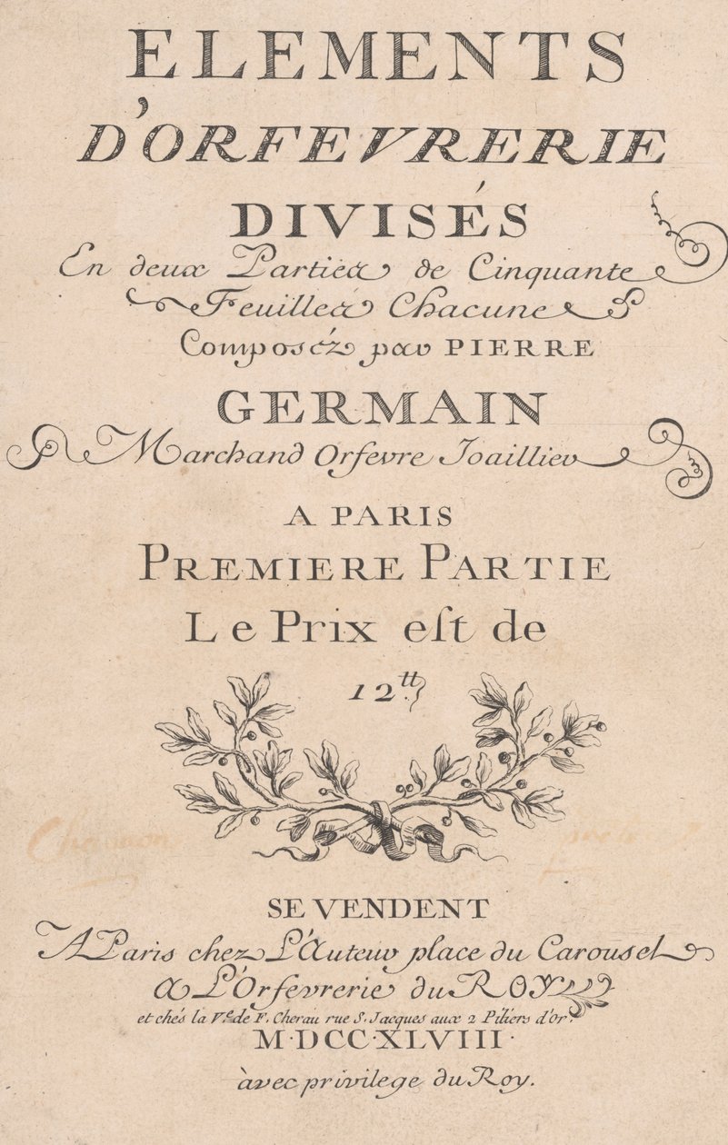 Elemente der Goldschmiedekunst, in zwei Teile mit fünfzig Blättern unterteilt, 1748 von Jacques Jean Pasquier