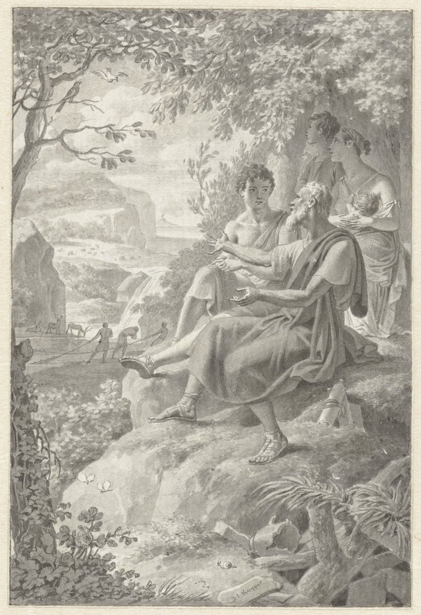 Entwurf für eine Buchillustration mit einem alten Erzähler, einer jungen Familie und verschiedenen Tieren von Jacques Kuyper