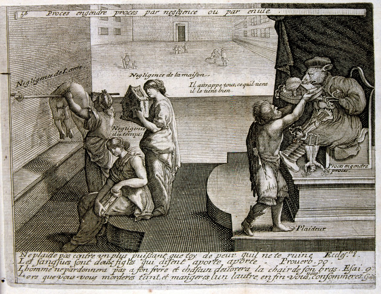 17. Jahrhundert gravierte Illustration aus einer Sammlung von Sprichwörtern. Paris 1657-1663. Von Jacques Lagniet (1620-1675). Französischer Graveur. Von ihm viele sozialkritische Gravuren und Spottbilder wie seine manchmal grotesken und fantastischen Illu von Jacques Lagniet