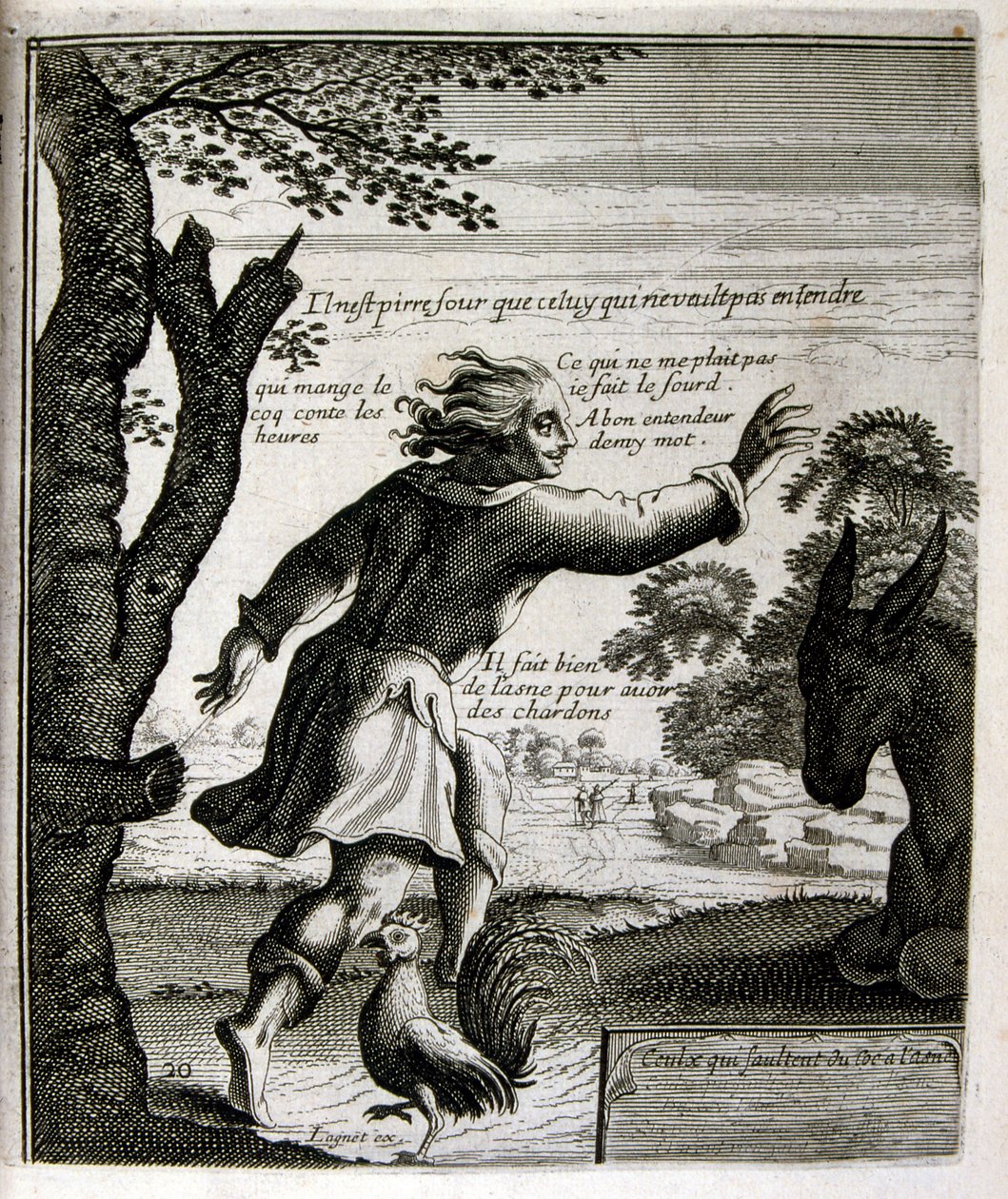 17. Jahrhundert gravierte Illustration aus einer Sammlung von Sprichwörtern. Paris 1657-1663. Von Jacques Lagniet (1620-1675). Französischer Graveur. Von ihm viele sozialkritische Gravuren und Spottbilder wie seine manchmal grotesken und fantastischen Illu von Jacques Lagniet